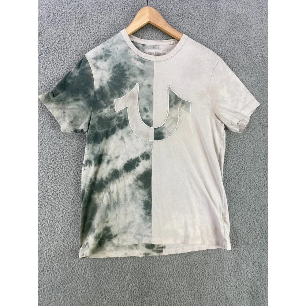 True Religion World‎ Tour T Shirt Men's Medium Beige Gray Tie Dye Patchwork Logo